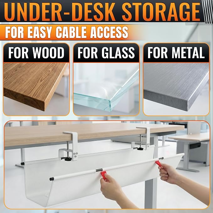 Under Desk Cable Management Tray 36" — No Drill Clamp-On Cord Organizer for Desk with Built-in Ties, Heavy Duty Metal Clamp, Foldable 600D Oxford Fabric for Home Office, WFH & Gaming PC Setup (White) - Image 7