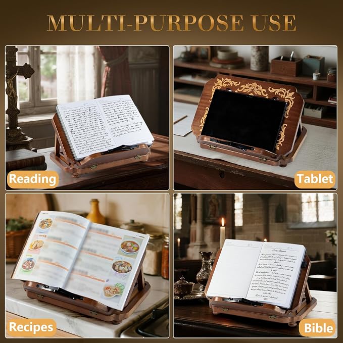Wooden Bible Holder Stand | Adjustable Carved Bible Reading Stand –13"×9",Foldable Bookshelf for Magazine,Recipe, Cookbook and Bible Prayer - Image 5