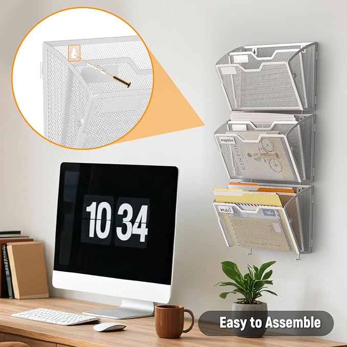 Docnest 3 Pack 2 Tier Mesh Wall File Holders with Hooks for Mail, White | Space-saving vertical design with utility hooks. Ideal paper document organizer for office, home, and school - Image 6