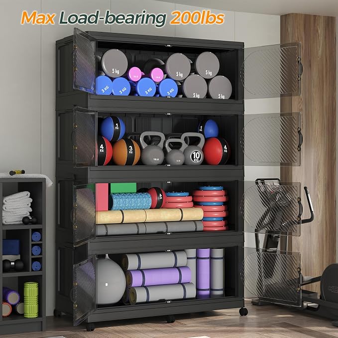 1200QT Extra Large Stackable Storage Bins with Lid, 300Gal Plastic Closet Organizers and Storage Drawer, Collapsible Cabinet Box with Wheels Clear Doors for Home Kitchen Garage, 5Pack Black - Image 7