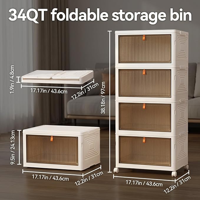 LDQ 136Qt Large Storage Bins with Lids, 4 Tier Stackable Storage Cabinet with Wheels & Clear Doors, Foldable Plastic Closet Organizer for Bedroom, Bathroom & Kitchen - Image 2