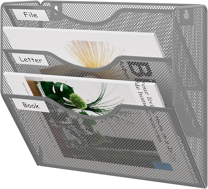 EasyPAG 3 Pocket Mesh Wall File Organizer, Hanging Paper Folder Holder with Classify Label, Vertical Wall Mount Mail Organizer for Office Home Classroom, Silver by EasyPAG