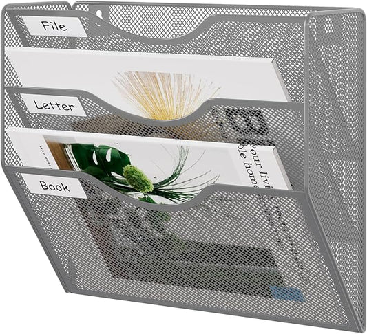 EasyPAG 3 Pocket Mesh Wall File Organizer, Hanging Paper Folder Holder with Classify Label, Vertical Wall Mount Mail Organizer for Office Home Classroom, Silver by EasyPAG