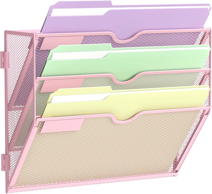 3 Tier Wall File Organizer, Hanging Wall Mounted Mail Organizer with Label Slots, Metal Mesh File Holder Magazine Rack for Office, Home, School, Pink by SUPEASY