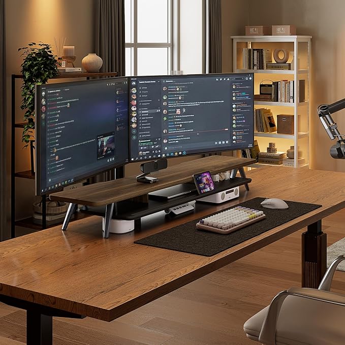 Fenge Dual Monitor Stand Riser, Wooden Desk Shelf with 2-Tier Storage | 47.2-Inch Extra Wide, Sturdy Aluminum Legs, Built-In Phone & Tablet Slot, Desktop Organizer for Office Accessories - Image 7