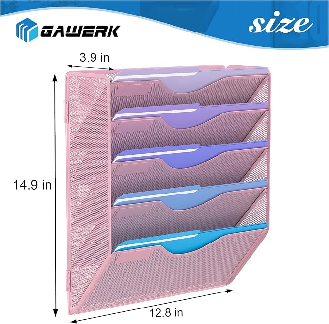 Gawerk 5 Tier Hanging Wall File Organizer, Mesh Mail Paper Orgnization Hanging File Folder Holder for Home Office, Pink - Image 2