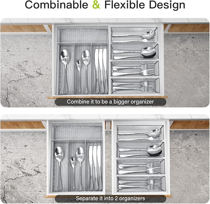 Neudeco Drawer Organizer Set, Silver, 5 Pack | 4-Compartment Silverware Tray, 4 Utensil Trays, Silver Mesh, Non-Slip, For Flatware, Cutlery, Office Supplies - Image 9