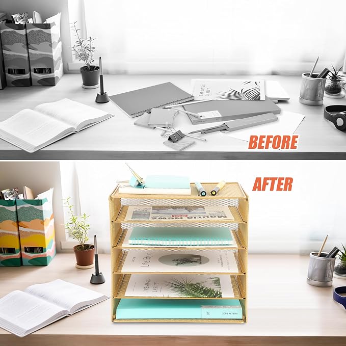 5 Slot Mesh Desk Organizer Tray, File Paper Letter Folder Holder Desktop Paper Sorter Mail Organization Rack Storage Accessories, for Office Home School Classroom, Gold - Image 3