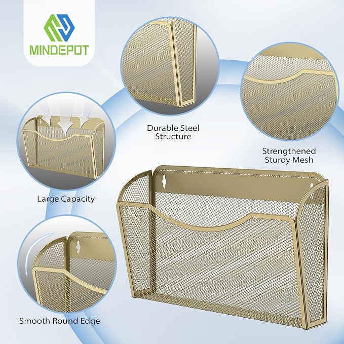 MINDEPOT Wall File Organizer, Hanging Wall File Holder, 6 Pack, Gold | Heavy Duty Iron, Metal Mesh Wall Mount, Single Pocket, Mail Organizer, for Office School Classroom Home, Letter A4 Size - Image 3
