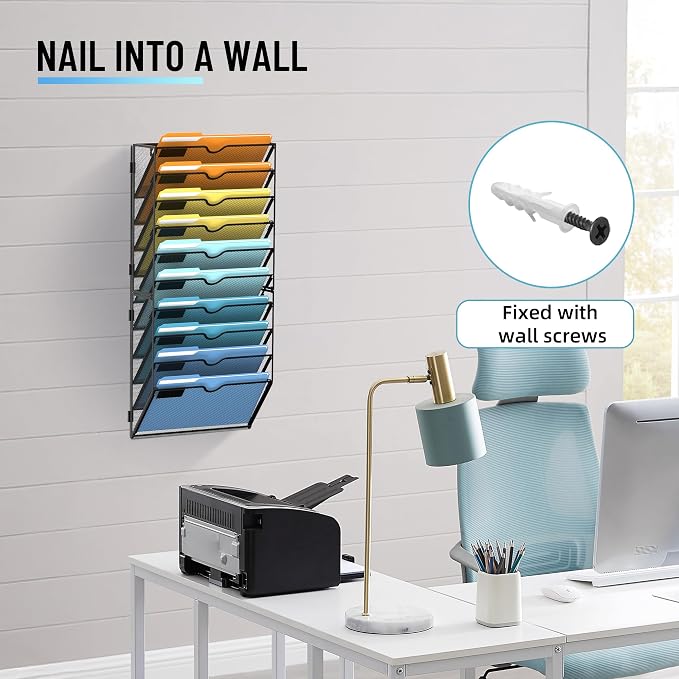 10-Tier Hanging Wall File Organizer with Hooks for Office Organization | Mesh Wall File Holder, Mail Organizer Wall Mounted for Papers, Documents, Folders and Magazines in Home Office, Classroom - Image 5