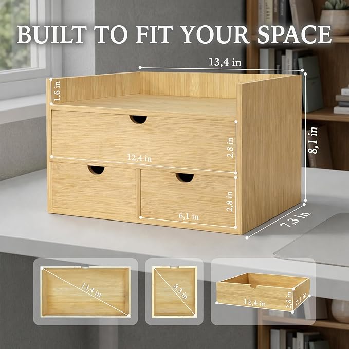 Bamboo Desk Organizer with 3 Drawers, Wood Storage Box for Office Supplies | Solid Tabletop Drawer Chest with Open Display Top, 13.4 x 7.3 x 8.1 in, No Assembly - Fits Countertop, Vanity and Dorm - Image 3