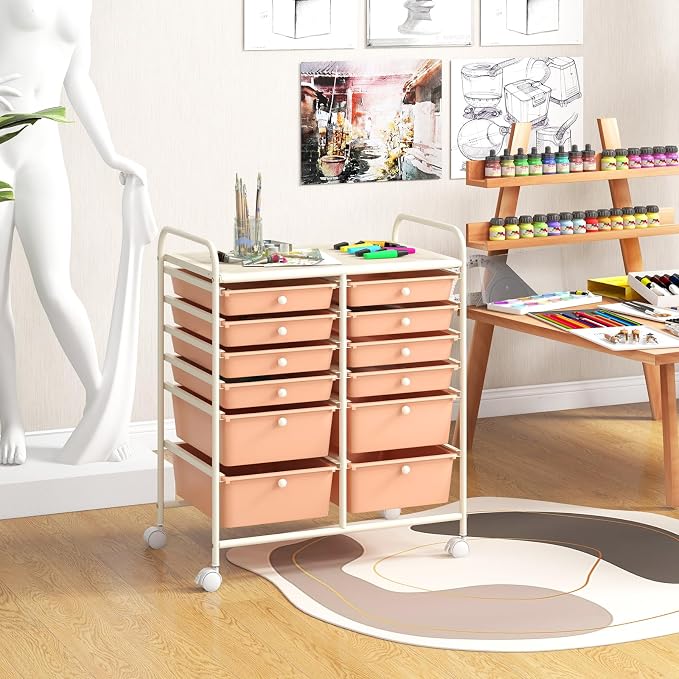 GOFLAME 12-Drawer Rolling Storage Cart, Multipurpose Organizer Cart with 2 Sizes Plastic Drawers, Mobile Utility Cart with Lockable Casters for School, Home Office, Beauty Salon, Peach Fuzz - Image 2