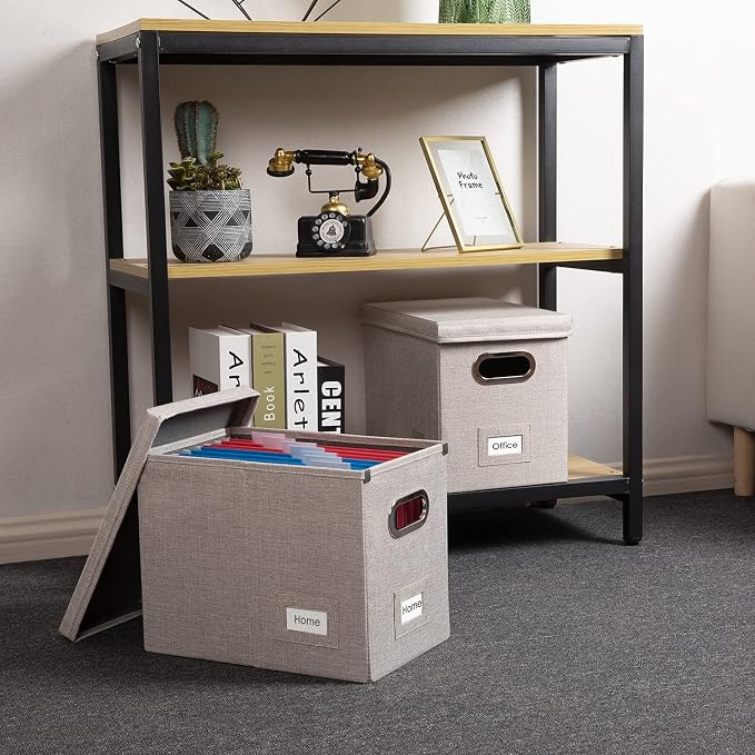 File Organizer Box - Set of 4 Collapsible Decorative Linen Filing Storage Hanging File Folders with Lids Office Cabinet Letter Size Light Grey (14x9.3x10.8 inch) - Image 3