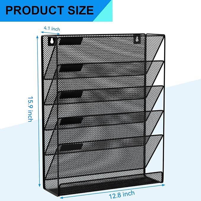 Wall File Organizer Holder Mesh Hanging Paper Document Holder,Vertical 6 Pocket Tier for Office Home, Black - Image 3