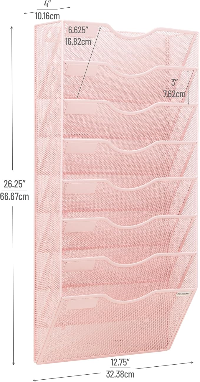 Mind Reader Wall File Organizer, 8 Pocket Hanging Document Rack, Office Wall Mount, Metal Mesh, Pink - Image 3