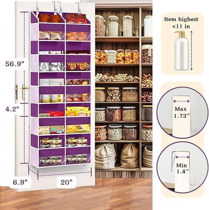 Over The Door Organizer 5 Tiers, Extra Large Behind Door Storage of 10 Compartments, 80 lbs Weight Capacity Hanging Storage Organizer with Clear Window Kids Toys,Shoes,Diapers,Room Storage,Purple - Image 3