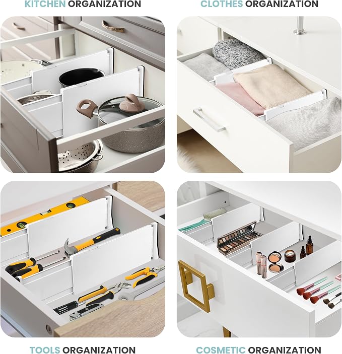 RAPTUROUS Adjustable Drawer Dividers, 8" Tall, Expandable 13.35-22", 6-Pack, Non-Slip for Deep Drawers in Kitchen, Bedroom, and Closet (White) - Image 6