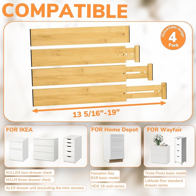 BAMEOS Bamboo Expandable Drawer Dividers – Fits 13.3"–19" Drawers, 2" High, Set of 4 | Spring-Loaded Bamboo Separator for Kitchen Island, Bathroom Vanity & Dresser Drawers - Image 8