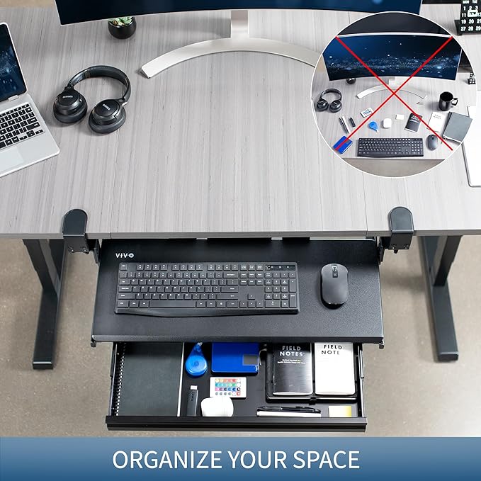 VIVO Large Height Adjustable Clamp-on Keyboard Tray, Extra Sturdy Pull Out Platform with Storage Drawer, 27 (33 Including Clamps) x 11 inch Slide-Out Tray with Organizer, Black, MOUNT-KB05HB-DR - Image 4