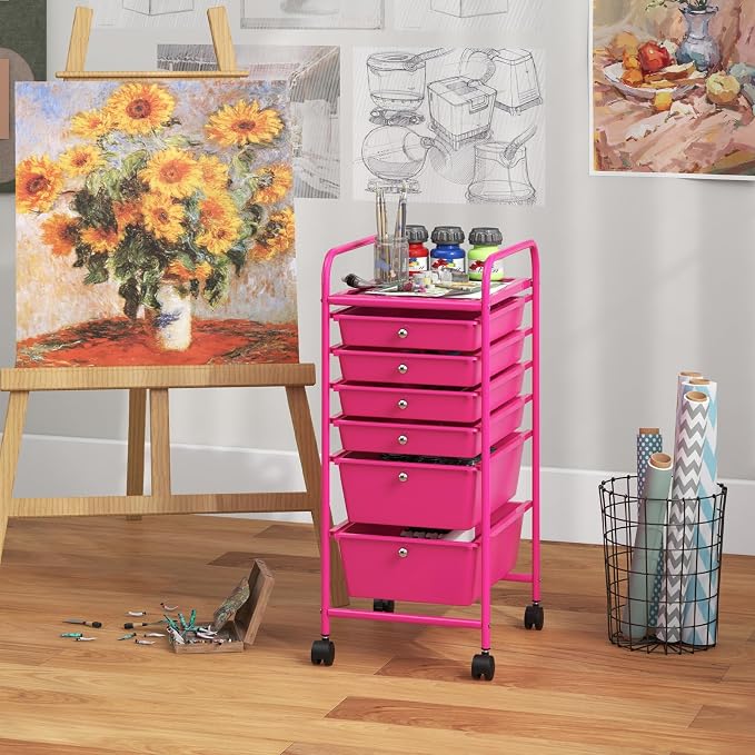 COSTWAY 6-Drawer Rolling Storage Cart, Art Craft Tools Organizer on Wheels | Multifunctional Heavy Duty Utility Mobile Storage Trolley w/ 2 Lockable Wheels for Home Office School (Hot Pink) - Image 2