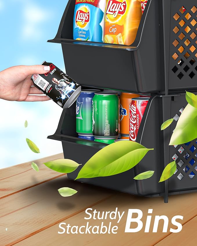 Skywin Stackable Storage Bins Open Front for Pantry Storage, 4 Pack - Black | Sturdy Plastic, Easy Stacking, Open Front Access, Ventilated Sides, Vertical & Space Saving Pantry Organizers and Storage Bin - Image 6