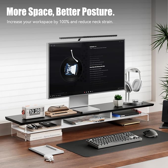 FENSULN Dual‑Tier Monitor Stand for Modern Desk Setup – Minimalist Wooden and Metal Riser Shelf with Transparent Acrylic Feet for Dual Monitors, Laptops, Home Office Aesthetic，Black and White - Image 3
