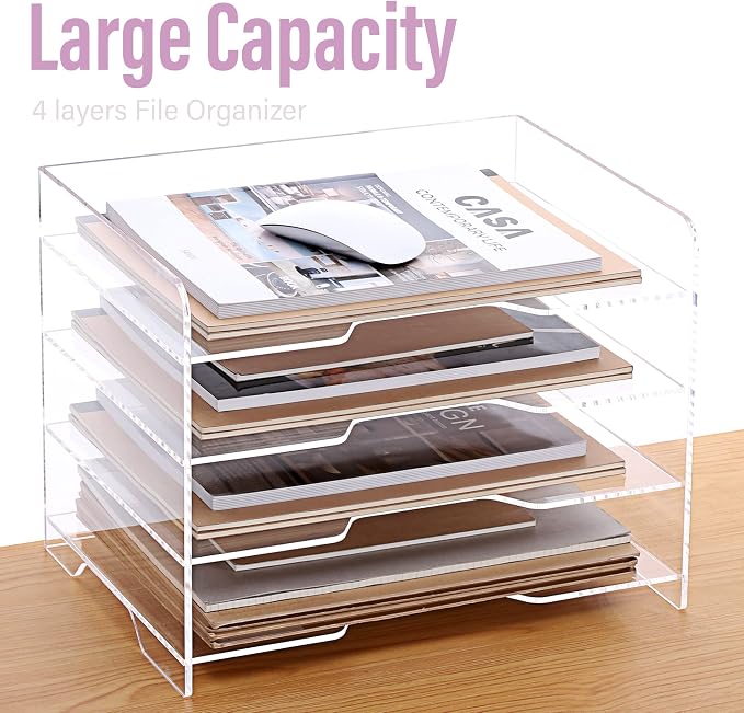 SANRUI Acrylic Paper Organizer Letter Tray for Desk, 4 Tier Enlarged File Sorter,Clear File Holder Desktop Shelf Document Storage for School Office Home - Image 8
