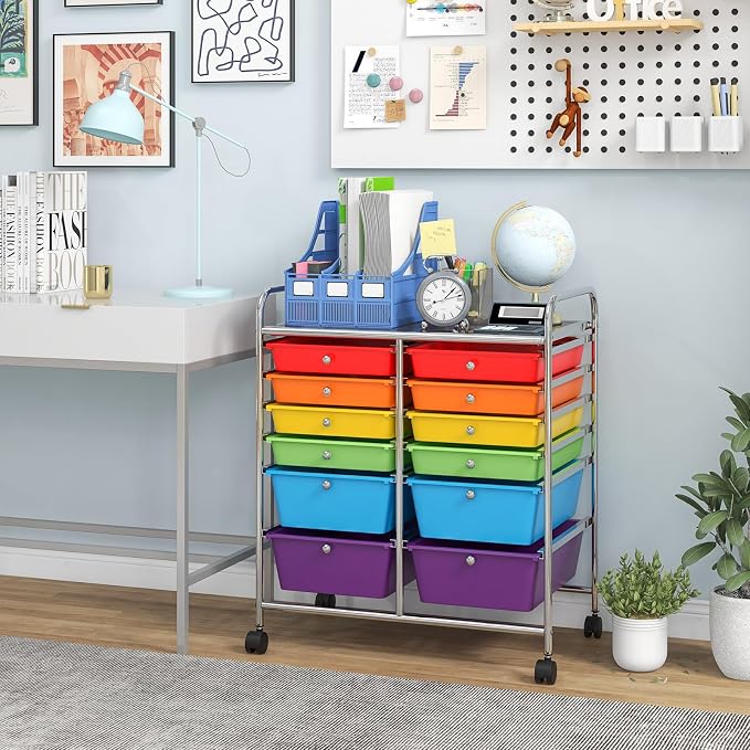 COSTWAY 12-Drawer Rolling Storage Cart, Moveable Art Craft Organizer | Lockable Wheels, Metal Shelf, Files Arrangement Tools Makeup Storage Cart for Office, Home, School (Multi-Color) - Image 9