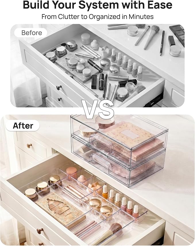 Vtopmart 12-Pack Clear Makeup Organizer Set with Drawer Organizer Bins | 2 Pack Stackable Storage Drawers & 10 Pack Drawer Organizer for Vanity Cosmetic, Bathroom Countertop, Desk - Image 6
