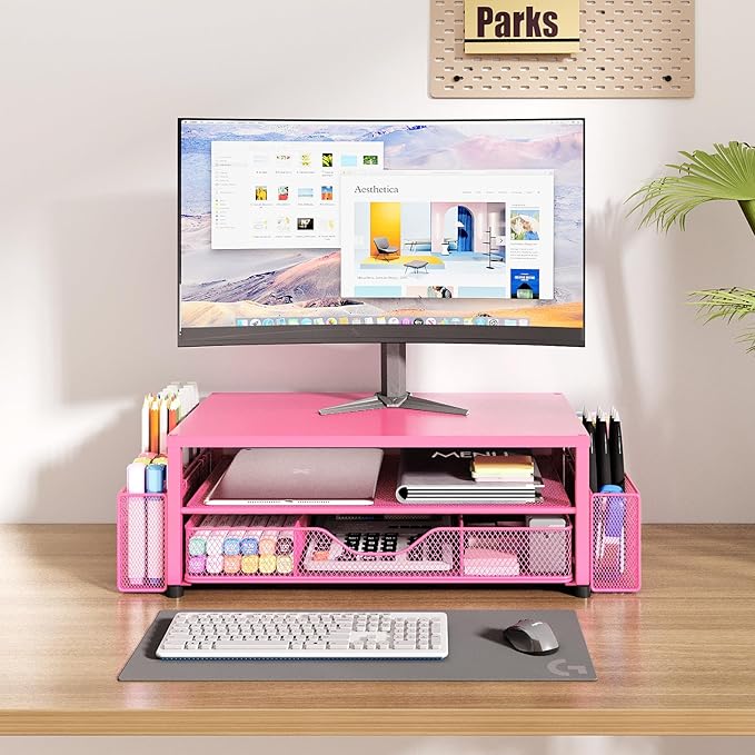 Desk Organizers and Accessories, Computer Monitor Stand Riser with Drawer and 2 Pen Holders, Printer & Laptop Stand, Office Desk Accessories & Workspace Organizers for Home Office Supplies, Carmine Rose - Image 4
