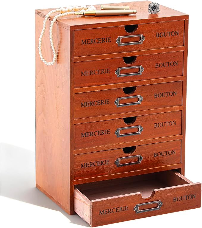 Wesiti 6 Drawer Vintage Wooden Desk Organizer, Apothecary Cabinet Storage Box, Rustic Craft Room Organizer for Embroidery Floss, Jewelry, Art Supplies, Essential Oils - Pre-assembled, Stackable by Unteilti