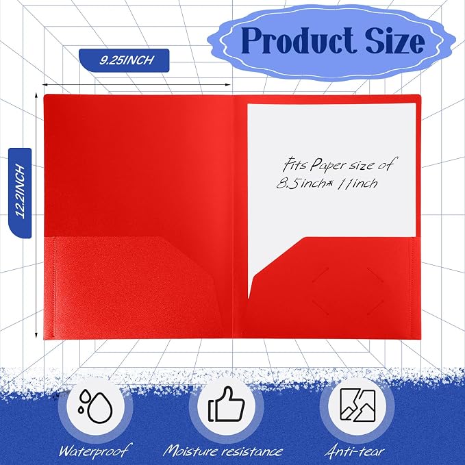 Patelai 50 Pack Plastic Folders with Pocket Bulk 2 Pocket Heavy Duty Letter Size Folders Business Card Holder for School Office File(Red Color) - Image 2