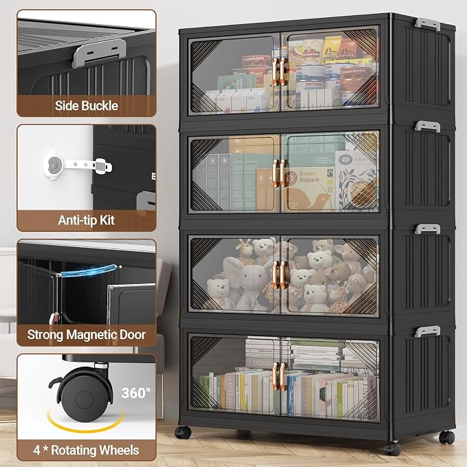 BROVIEW V60 140QT Plastic Stackable Storage Bins with Lid, 1Pack Black | 35Gal Extra Large Closet Organizers Collapsible Cabinets Boxes With Drawer, Foldable Container with 4x Wheels for Home - Image 5