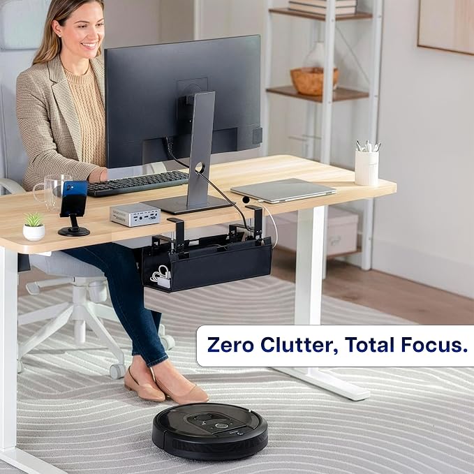 VIVO Clamp-on Under Desk 16 inch Fabric Cable Management Tray, Wire Concealer, Power Strip Storage, Workspace Organization, Easy Fold Down Access, Black, DESK-AC16F-C - Image 9