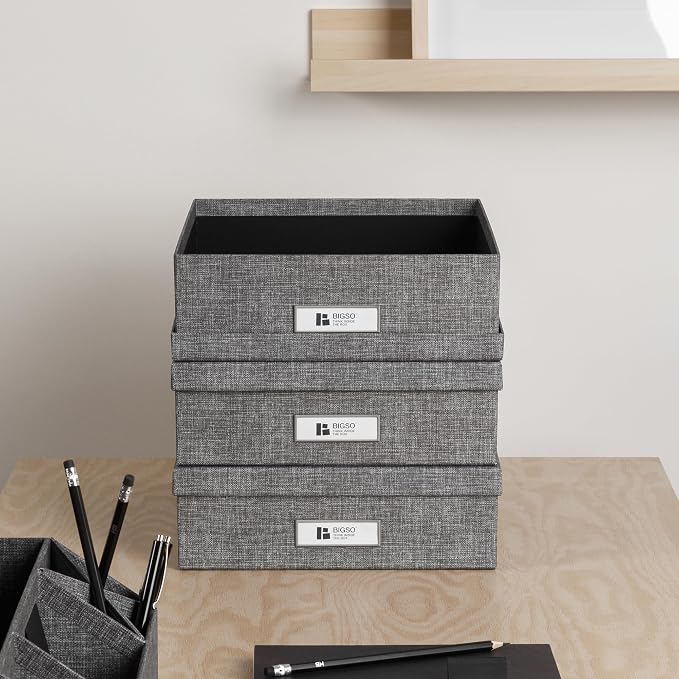 Bigso Oskar Canvas Fiberboard Document Letter Box for Important Paperwork A4 or Letter Size - Durable Keepsake Box with Lid and Metal Label Holder - 3.3in x 10.2in x 13.8in - Melange Grey - 3 Pack - Image 6