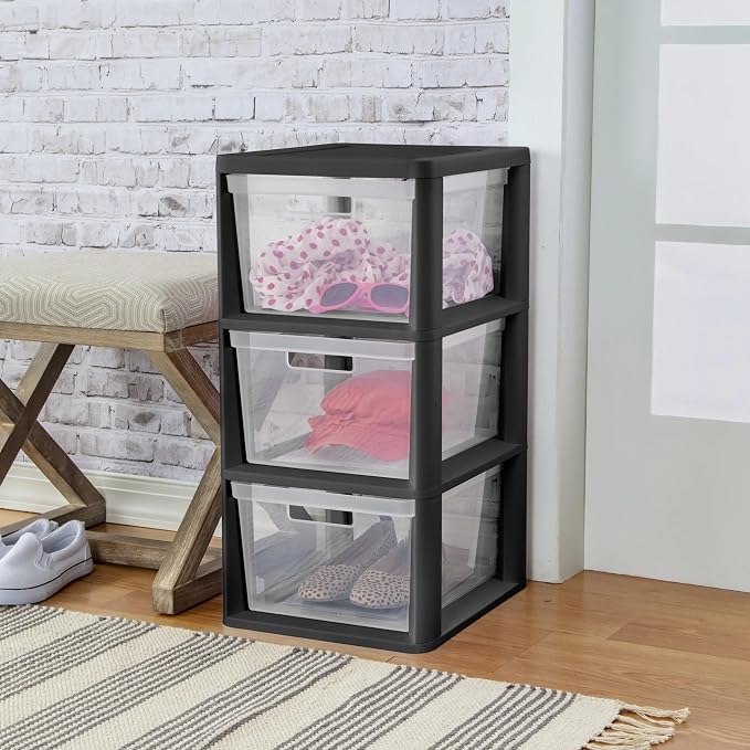 Plastic Drawer Wide Tower Plastic Storage Cart with Clear Pull Out Drawers, Black (Black, 3 Drawer Wide Tower) - Image 2