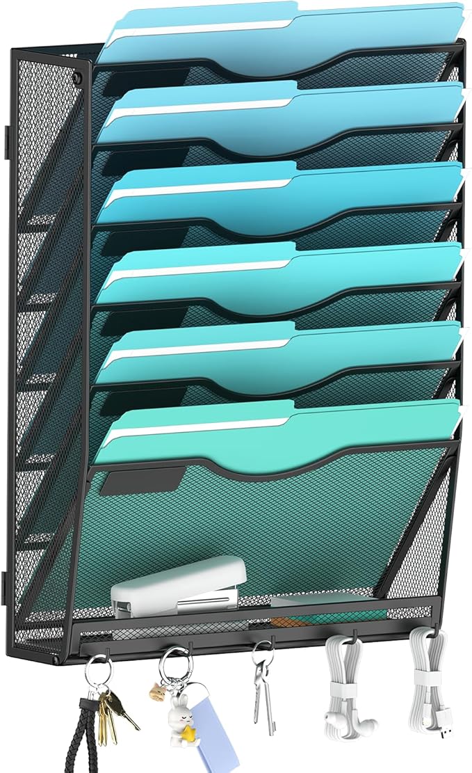 Gawerk 7-Tier Wall File Organizer Hanging Wall File Holder Wall Mount Paper Folder Organize, Mesh Magazine Document Mail Organizer for Office School Home, Black by Gawerk