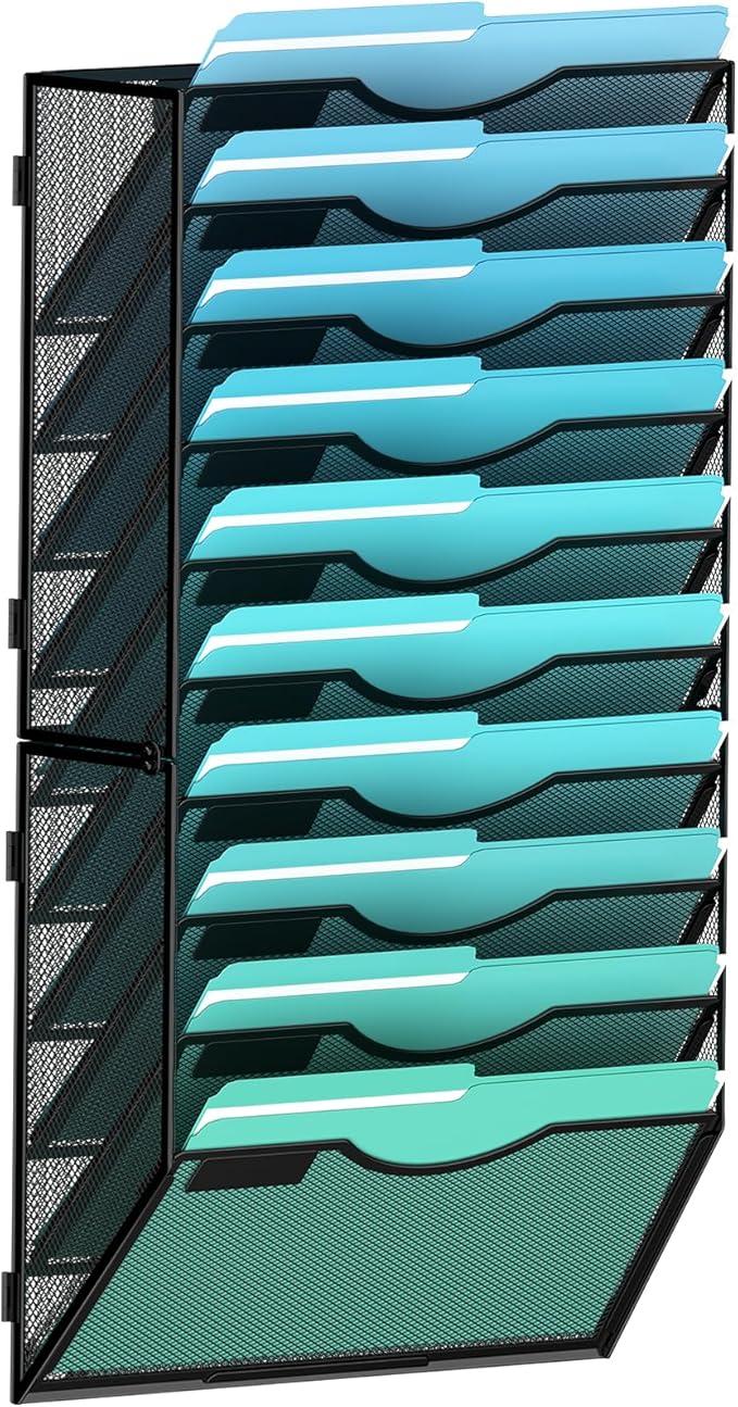 Gawerk 10-Tier Wall File Organizer Hanging Wall File Holder for Office | Wall Mount Paper Folder Organize, Mesh Magazine Document Mail Organizer Wall Organizer for Office School Home, Black by Gawerk
