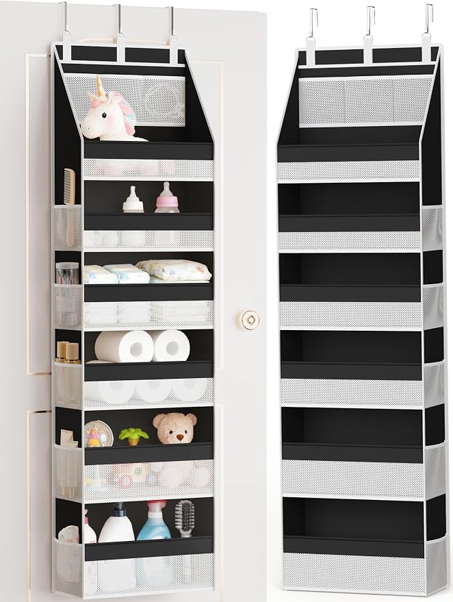 Over the Door Organizer, Heavy-Duty 6-Shelf Hanging Storage with 13 Mesh Pockets, 55lbs Capacity Behind the Door Storage for Nursery, Bathroom, Bedroom, and Dorm, Black by Criusia