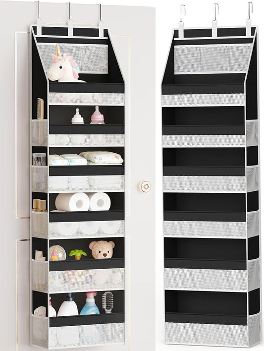 Over the Door Organizer, Heavy-Duty 6-Shelf Hanging Storage with 13 Mesh Pockets, 55lbs Capacity Behind the Door Storage for Nursery, Bathroom, Bedroom, and Dorm, Black by Criusia