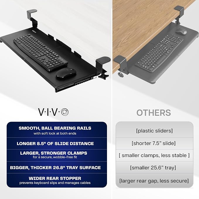 VIVO Large Keyboard Tray Under Desk Pull Out with Extra Sturdy C Clamp Mount System, 27 (33 Including Clamps) x 11 Inch Slide-Out Platform Computer Drawer for Typing, Black, MOUNT-KB05E | Keyboard Tray for Typing, Slide Out Platform, Extra Sturdy C-Cla... - Image 4