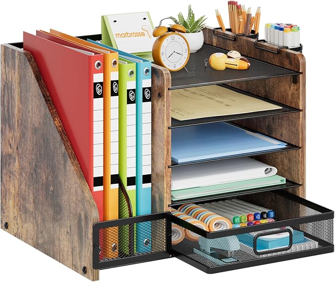 Marbrasse Desk Organizer with File Holder, 5-Tier Paper Letter Tray Organizer with Drawer and 2 Pen Holder, Mesh Desktop Organizer and Storage with Magazine Holder for Office Supplies (Wood-Brown) by Marbrasse