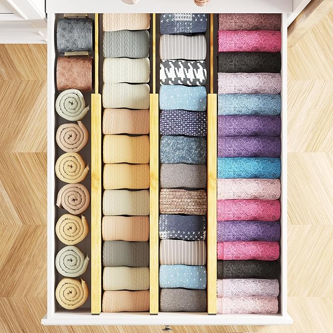 SpaceAid Bamboo Dresser Drawer Dividers 6 Pack, 4.65“ High Adjustable 17“-22” Drawer Organizers, Expandable Organization for Clothing, Clothes, Dressers, Natural - Image 4