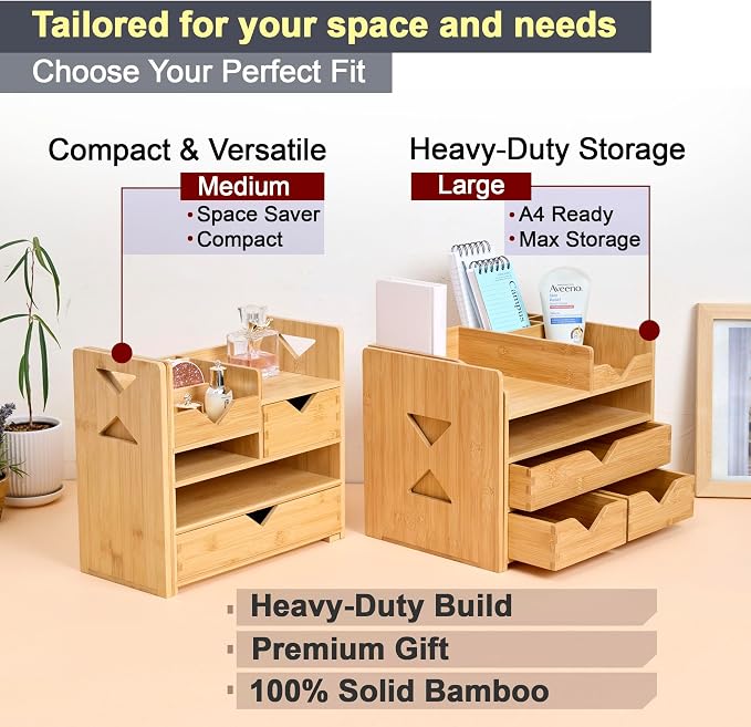 Pandorama Bamboo Desk Organizer Medium - Drawers & Adjustable File Holder, Fully Assembled Wood Desktop Storage for Kitchen, Bedroom, Bathroom, Study Room - Image 7