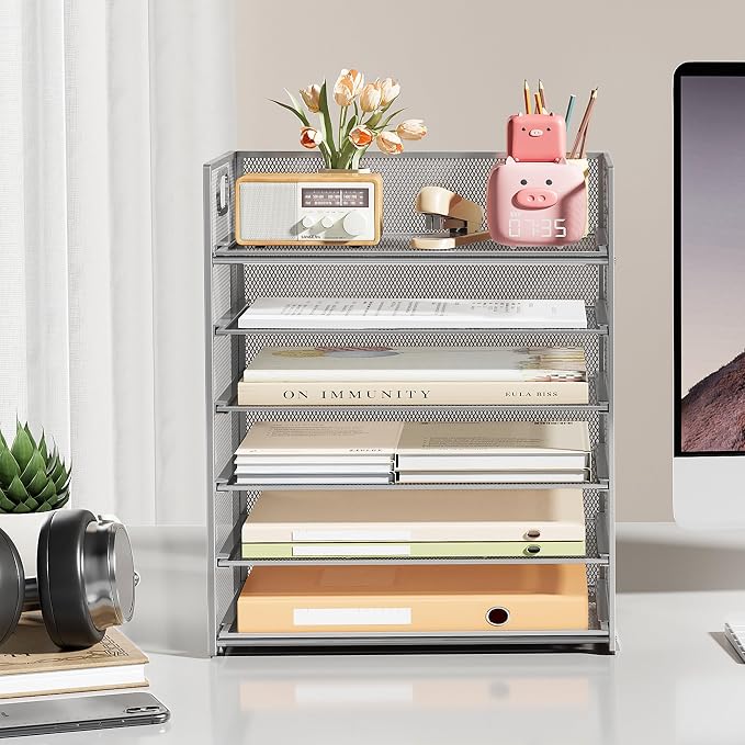 Subekyu 6-Tier Desk Paper Organizer, Desktop File Letter Tray with Handle, Document Sorter and Accessories Holder for Office, Home and School Workspace Organizers, Silver - 2 Pack - Image 4