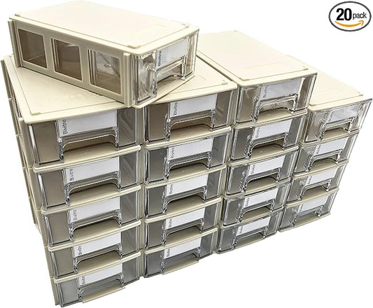 Stackable Storage Drawers Set of 20 with Dividers and Paper Labels by Bivitre