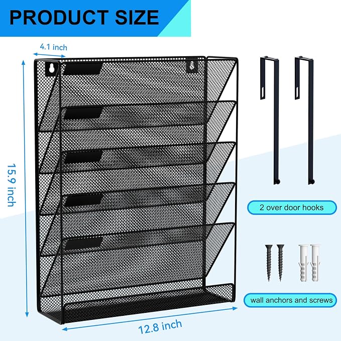 6-Tier Hanging File Organizer Office Cubicle Accessories for Work Organizer Wall Mount File Holder for Mails Folders Papers Magazine Organization, Black - Image 3