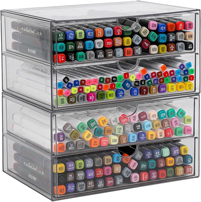 Clear Plastic Drawer Organizer, 4 Drawers | Stackable Desk Organizers and Accessories, For Home Office Supplies, Marker Pen, Notebooks, Art Crafts - Image 3