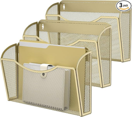 MINDEPOT Wall File Organizer, Hanging Wall File Holder, 3 Pack, Gold | Heavy Duty Iron, Metal Mesh Wall Mount, Single Pocket, Mail Organizer, for Office School Classroom Home, Letter A4 Size by MINDEPOT