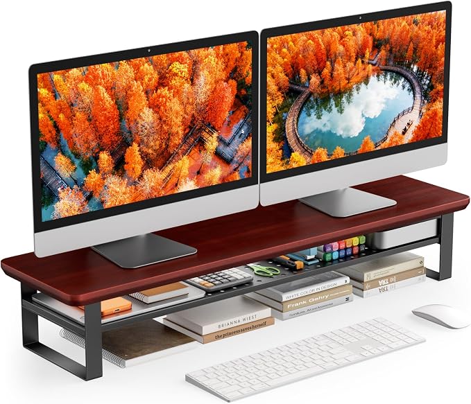 Dual Monitor Stand, 35.4 Inch Monitor Stand Riser for 2 Monitors, 2 Tiers Wood Desk Shelf with Storage, Desktop Organizer Stand for Computer, Laptop, Printer, TV by NestNeatHome